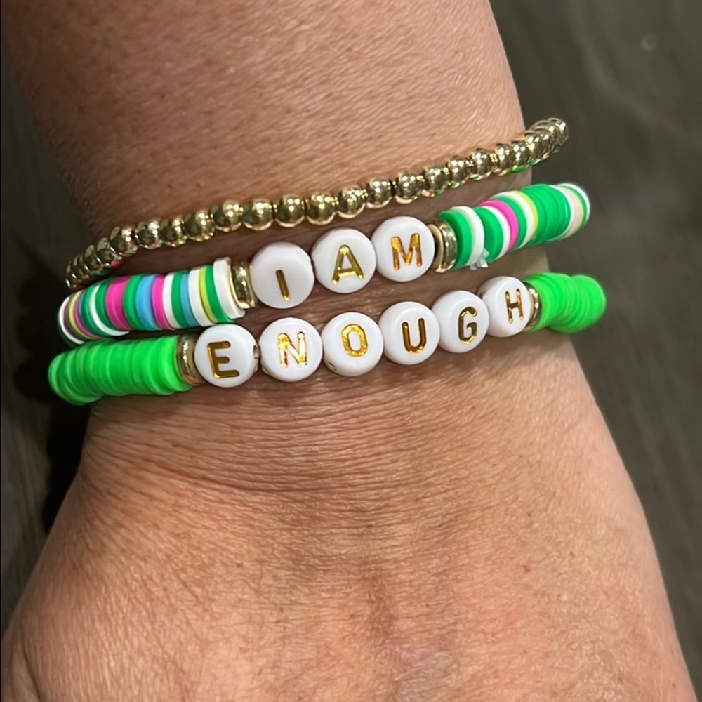 Friendship Green and Gold Beaded I AM ENOUGH Bracelet Set